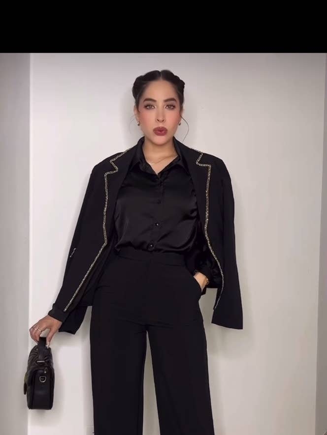 BLACK CHAIN DETAIL BLAZER JACKET AND PANTS SET for wholesale on Faire3