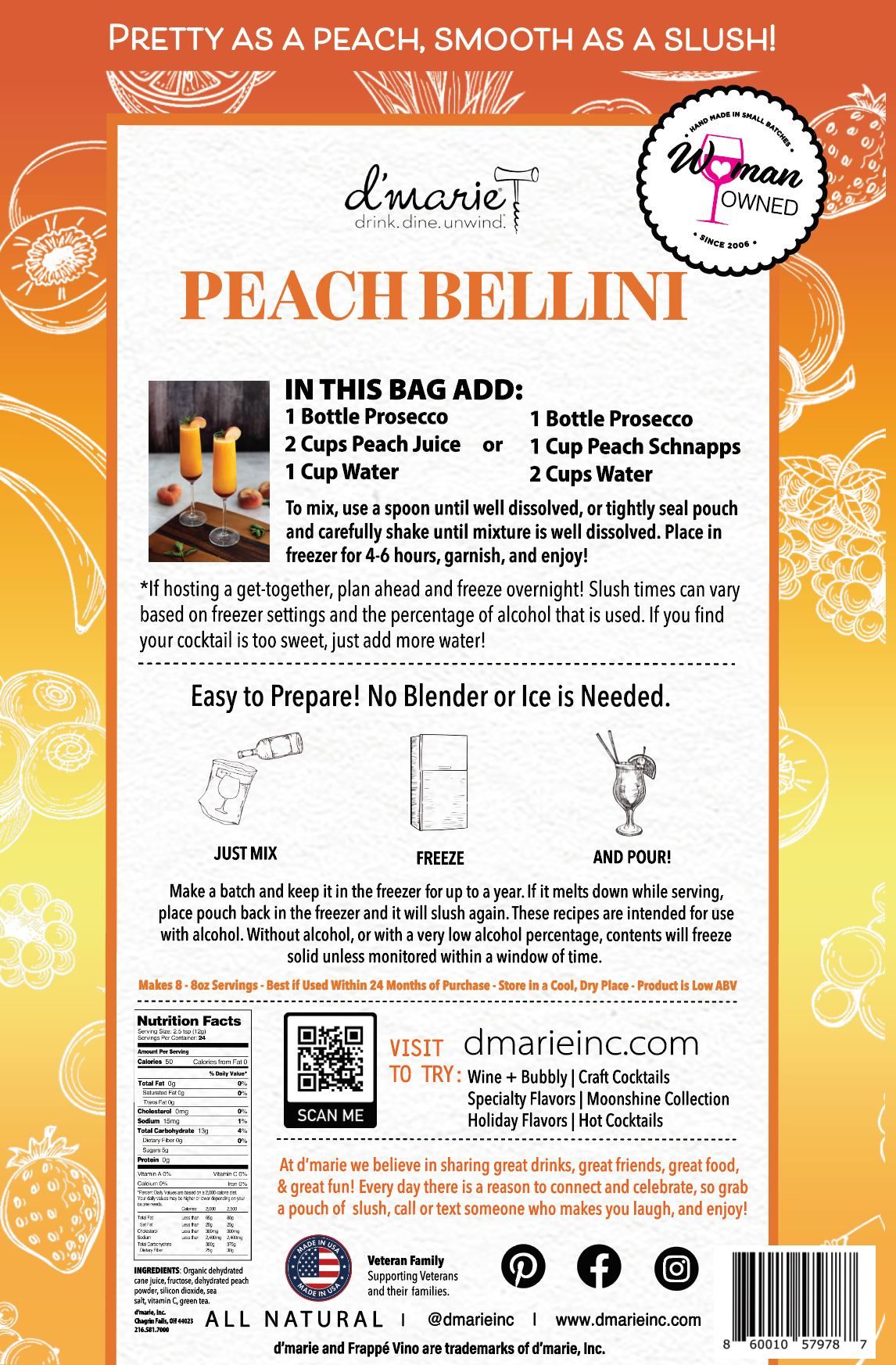 d'marie inc. – wholesale Cocktail mix/syrup – Peach Bellini Cocktail - Ready-To-Freeze Cocktail2