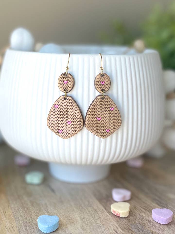 Never Ending Love Heart Tear Drop Laser Engraved Wood Earrings for wholesale by Rosey Oak Designs