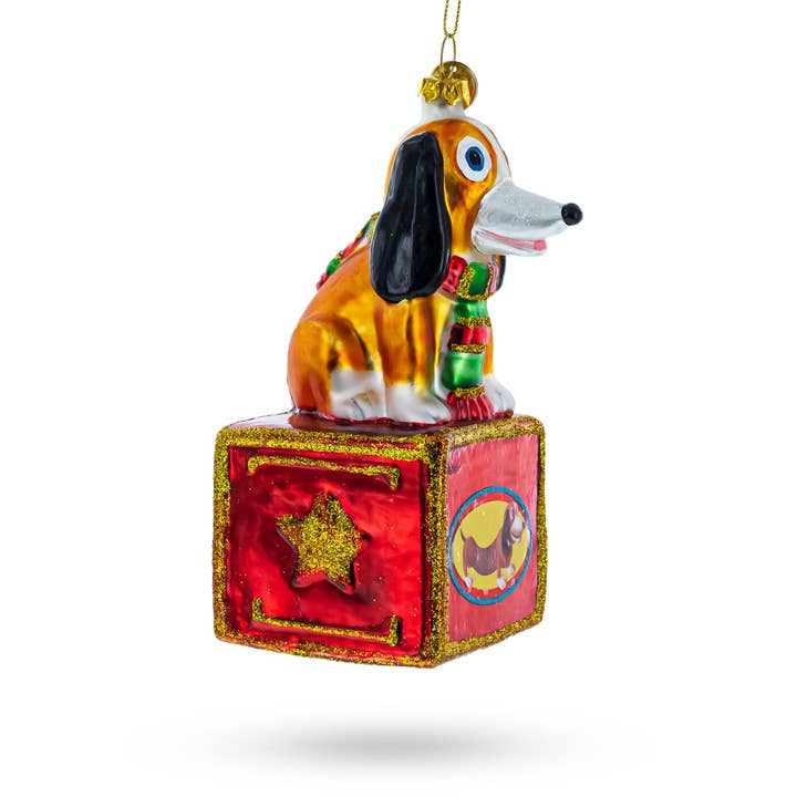 BestPysanky - Wholesale Ornament - Playful Toy Dog on Festive Red Box Glass Ornament