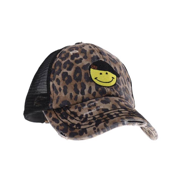 C.C Beanie - Wholesale Ponytail Cap - Women's - C.C Smiley Face Embroidered Criss Cross High Pony C.C Ball C