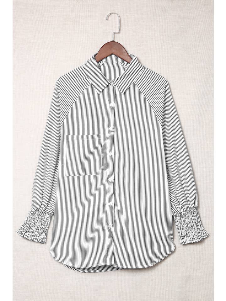 Black LDC Smocked Cuffed Striped Boyfriend Shirt with Pocket for wholesale on Faire