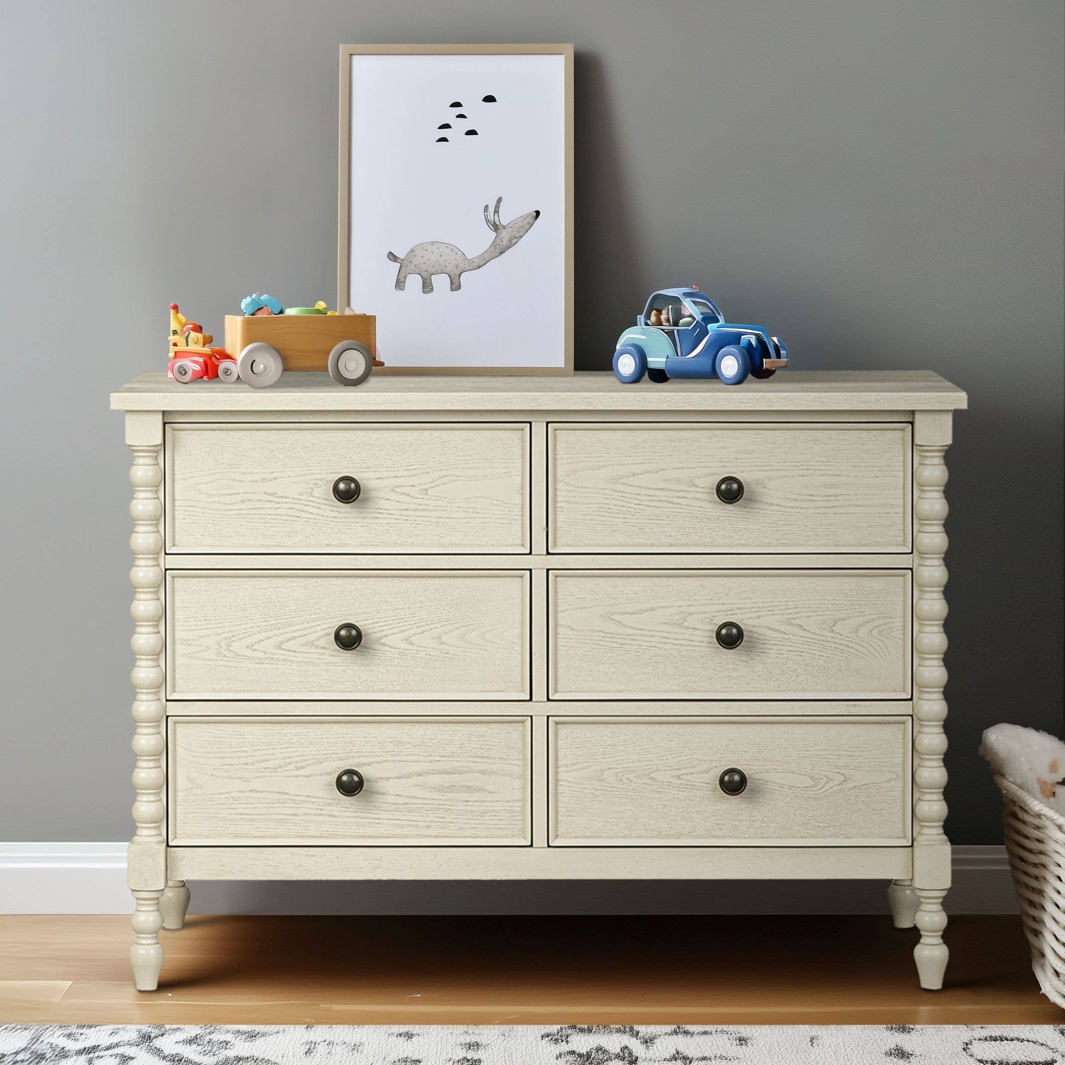 Olliix - Wholesale Cabinet - 46"W 6-Drawer Small Spindle Wood Dresser, Antique Cream *1