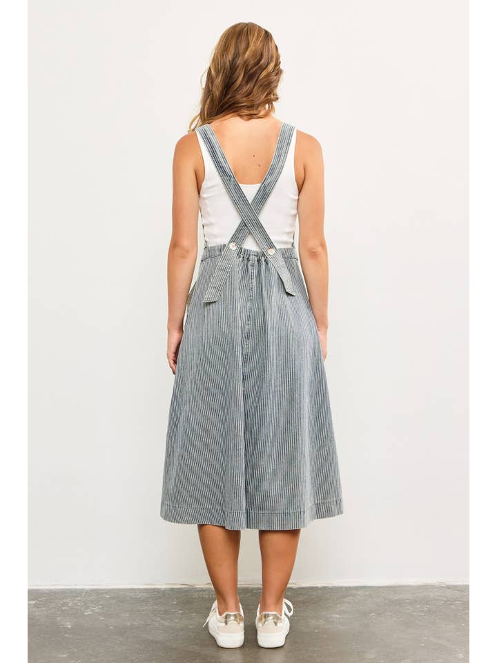 SAND WASH STRIPED DENIM SUSPENDERS SLEEVELESS LONG DRESS for wholesale on Faire