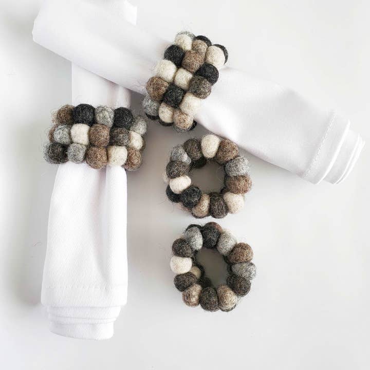 Pebble Handmade Wool Felt Pom-Pom Napkin Rings for wholesale by Global Groove Life