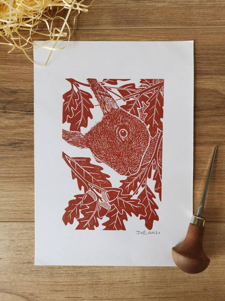 Peekaboo Red Squirrel hand printed linocut nature art print for wholesale by Jackdaw and Bear