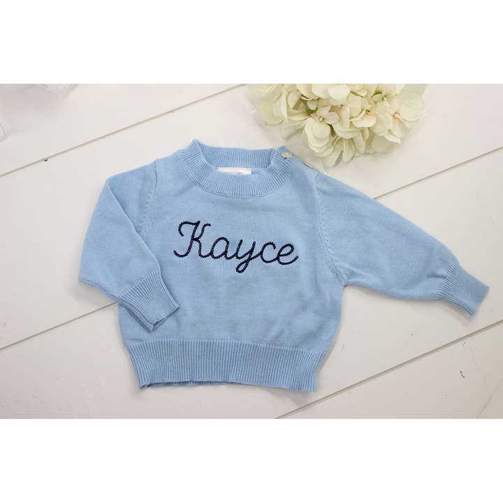Blue Crewneck Sweater Baby Toddler - Monogrammable for wholesale by Hiccups Children's Boutique