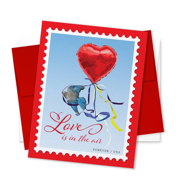 Valentine Greeting Card | Bird, Red Heart Balloon for wholesale by The Red Barn Press