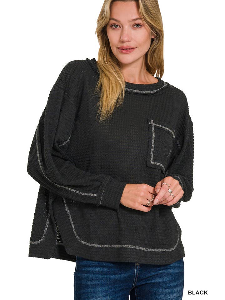 42POPS - Wholesale Knit Top - Women's - ....SI-26787 Hi Low Exposed Seam Long Sleeve Top