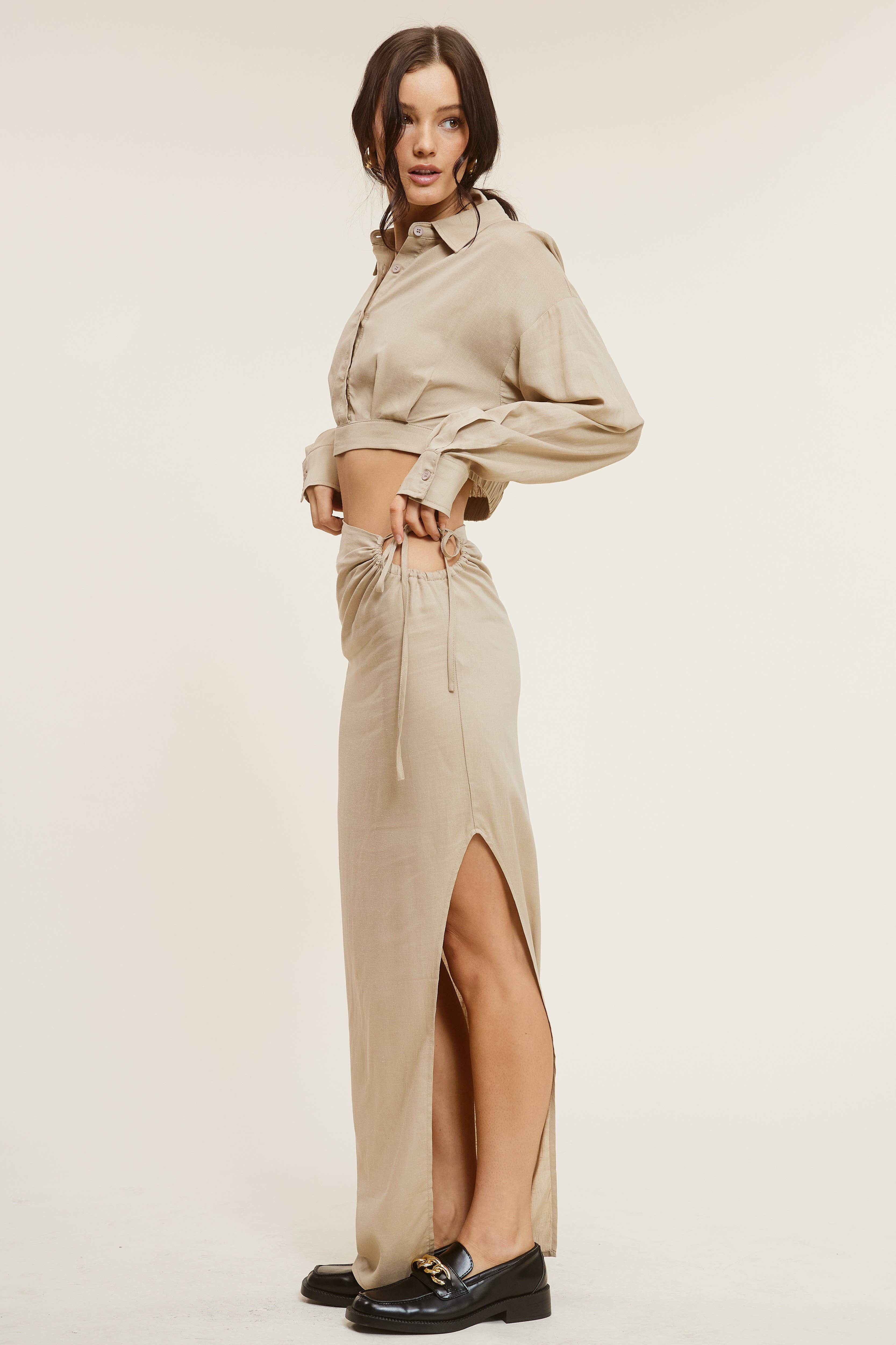 Mimosa - Wholesale Top & Skirt Set - Women's - Collared Blouse and Side Slit Skirt Matching Set2