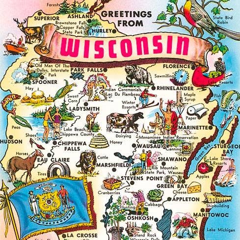 Konsttryck WI-73 Karta över Wisconsin för wholesale av Found Image Press