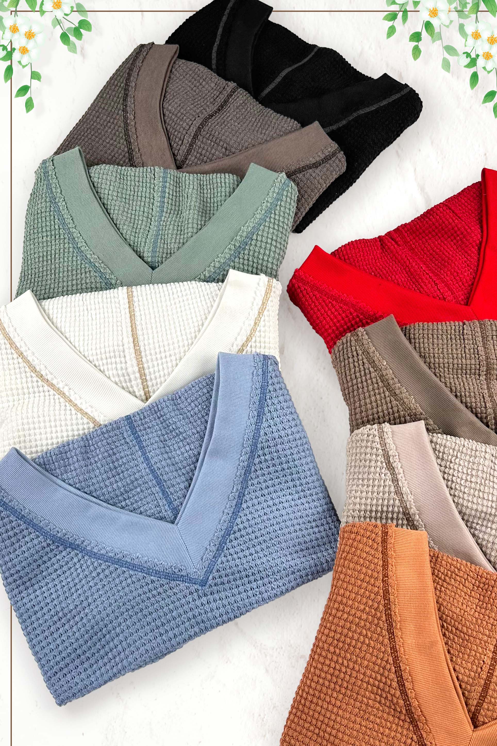 La Miel – Großhandel Strickoberteil – Damen – JLT7410-Langarmshirt mit Waffelstruktur und V-Ausschnitt in lockerer Passform11