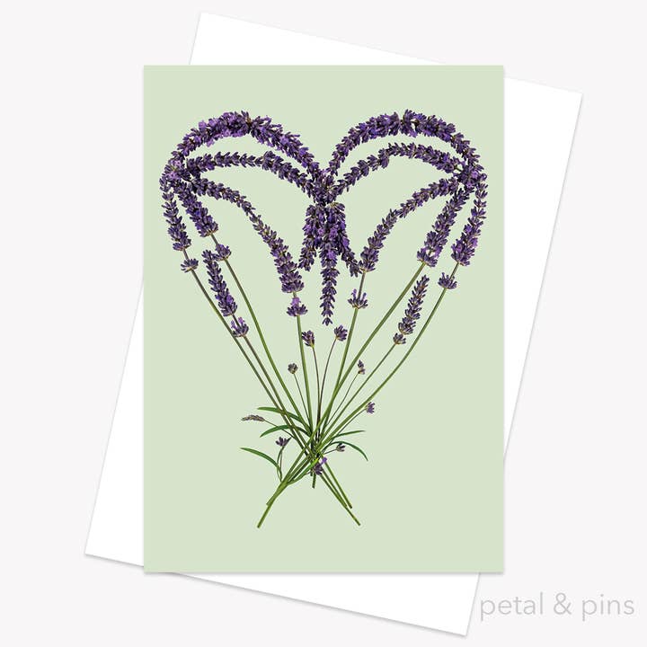 Biglietto di auguri cuore lavanda per la vendita all'ingrosso da parte di petal & pins