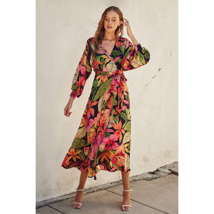 OCEANIA GARDEN Picture Perfect Satin Maxi Wrap Dress for wholesale on Faire