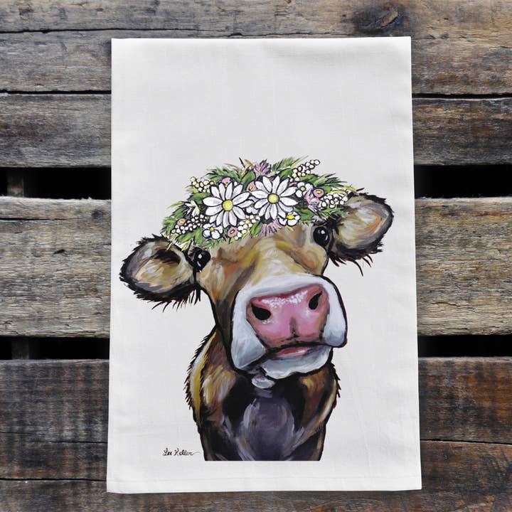 Cow Flour Sack Towel, Farm Animal Towel, Cow with Daisies for wholesale by Hippie Hound Studios