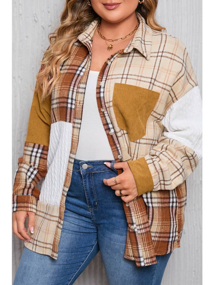 Orange Plaid Color Block Patchwork Corduroy Jacket(S-2XL) for wholesale on Faire