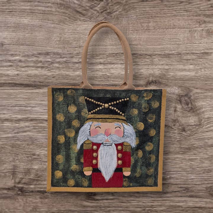 Dana's Uncommon Glass - Wholesale Tote Bag - Women's - Smiling Nutcracker Hand-Painted Jute Tote Bag (Golden Bokeh)2