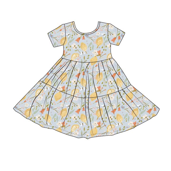 Ribbed Bamboo Short Sleeve Twirl Dress | Lemon Floral for wholesale by Emi Lei