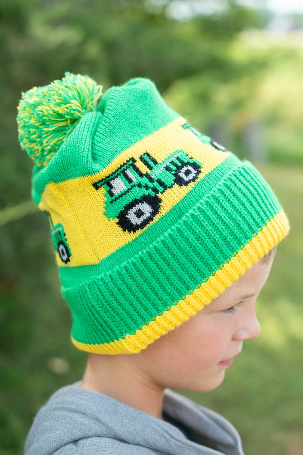 American Farm Company - Wholesale Beanie - Kids - Green Tractor Knit Pom Beanie - Youth3