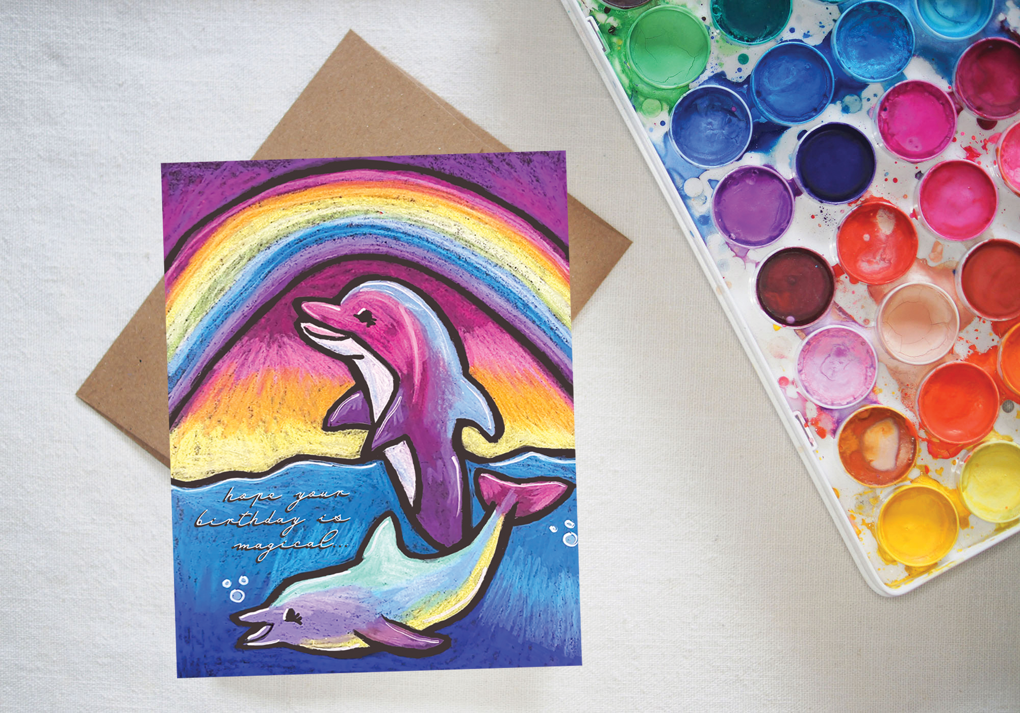 Kerry Quinn's Kitsch - Vendita all'ingrosso Biglietti di auguri - Biglietto di auguri di compleanno con delfino magico, motivo: arcobaleno, oceano, gessetto1