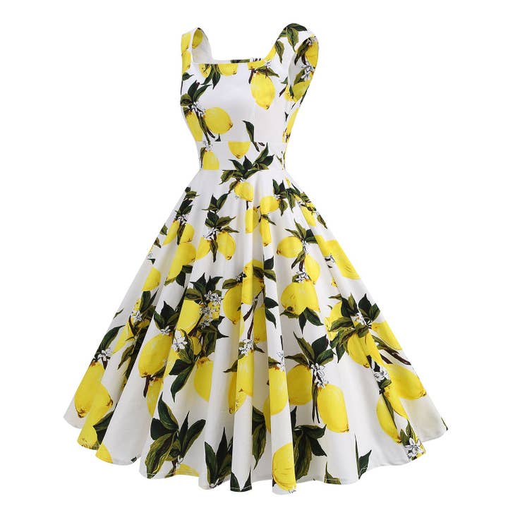 Abito senza maniche a vita alta con stampa floreale rétro per la vendita all'ingrosso da parte di SALINA TRADING INC