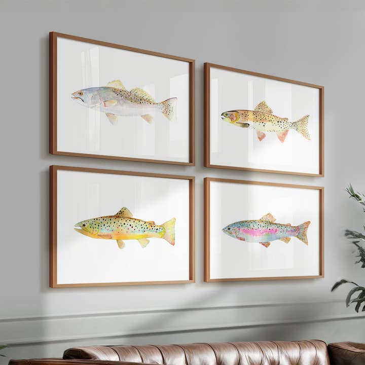 Fly Fisherman’s Trout Art Prints – Set of 4 for wholesale by Snoogs & Wilde Art