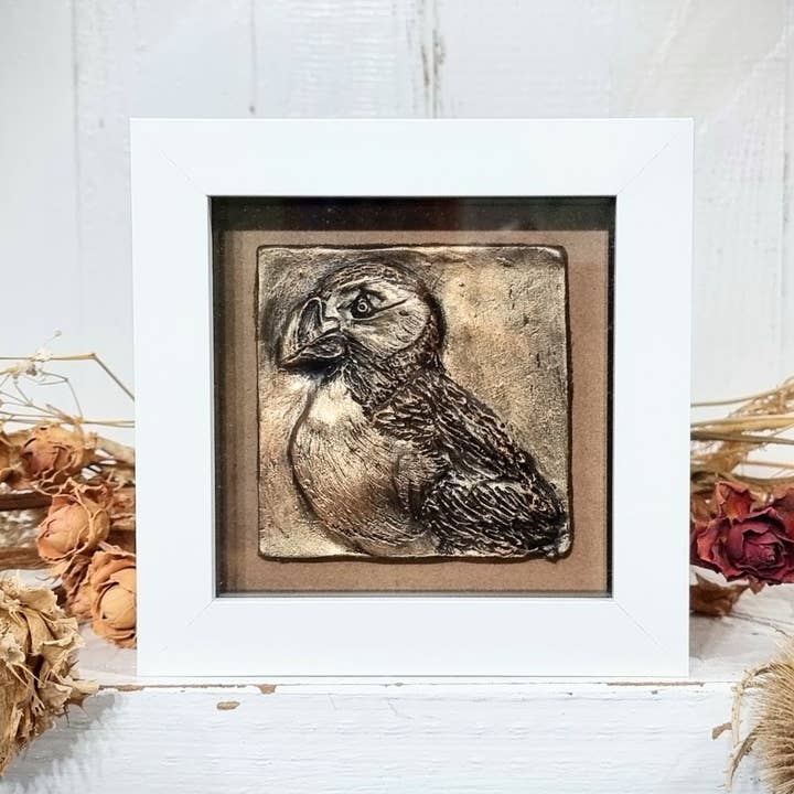 Metallic Hand Carved Puffin Wall Art Frame Scotland Wildlife for wholesale by Wildflower Designs