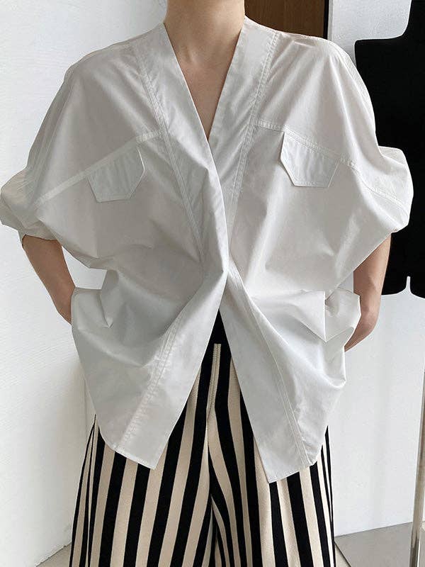 UZ Wholesale Store - Wholesale Button Down Shirt - Women's - Trendy Batwing Sleeves Solid Color V-Neck Blouses3