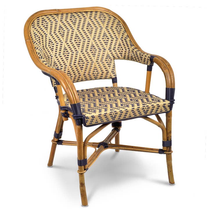 Cannes French Bistro Rattan Armchair - Small Diamonds - Gold/Navy Blue for wholesale by BONNECAZE