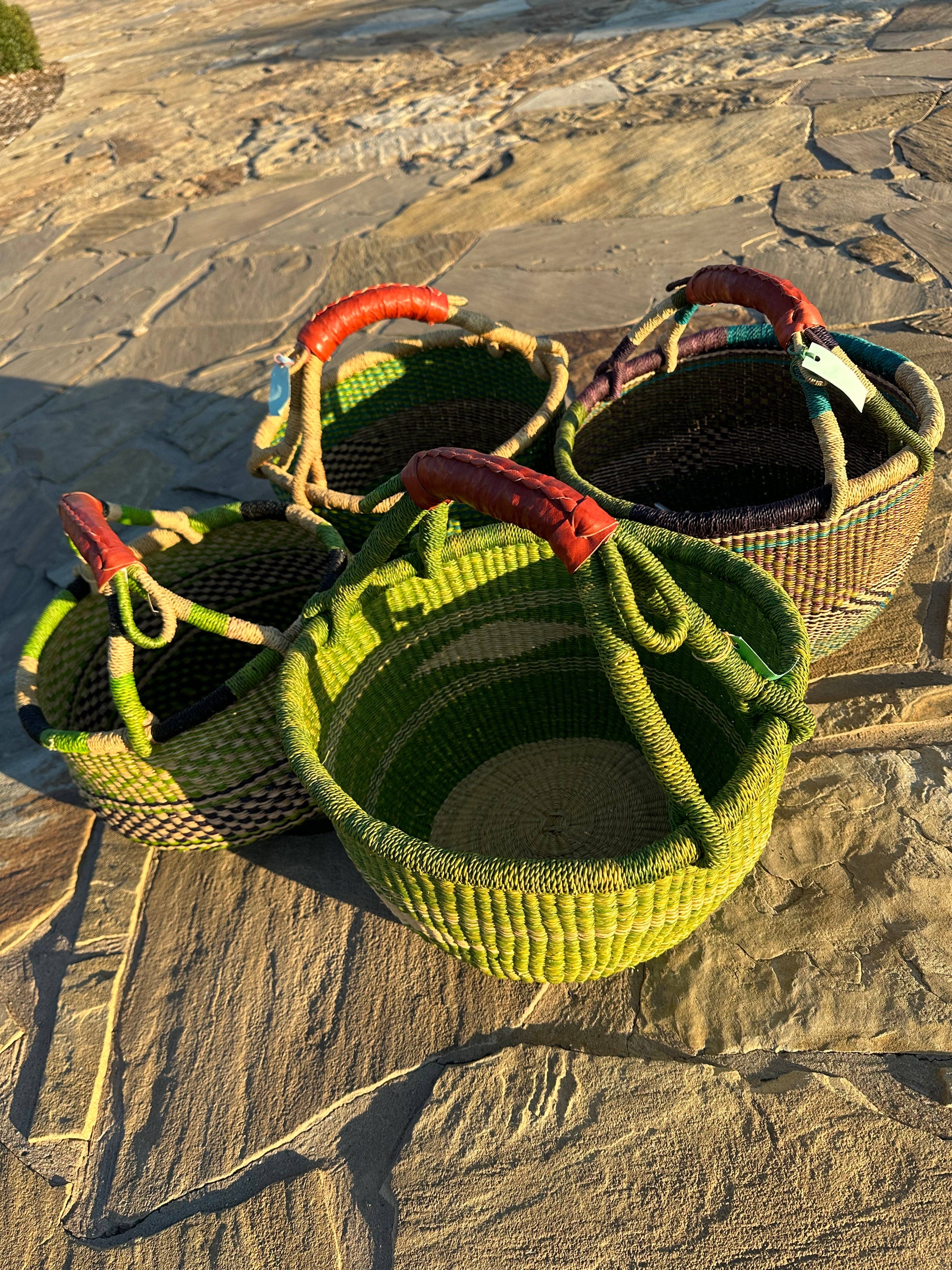 The African Home Goods - Wholesale Basket - Round Bolga Market Basket w/ Leather Wrapped Handle - Green Assorted 1 EA13