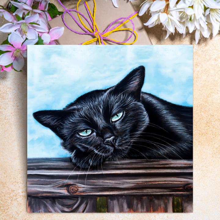 Grußkarte mit schwarzer Katze auf dem Zaun für den Großhandel von Irisha's Card Art