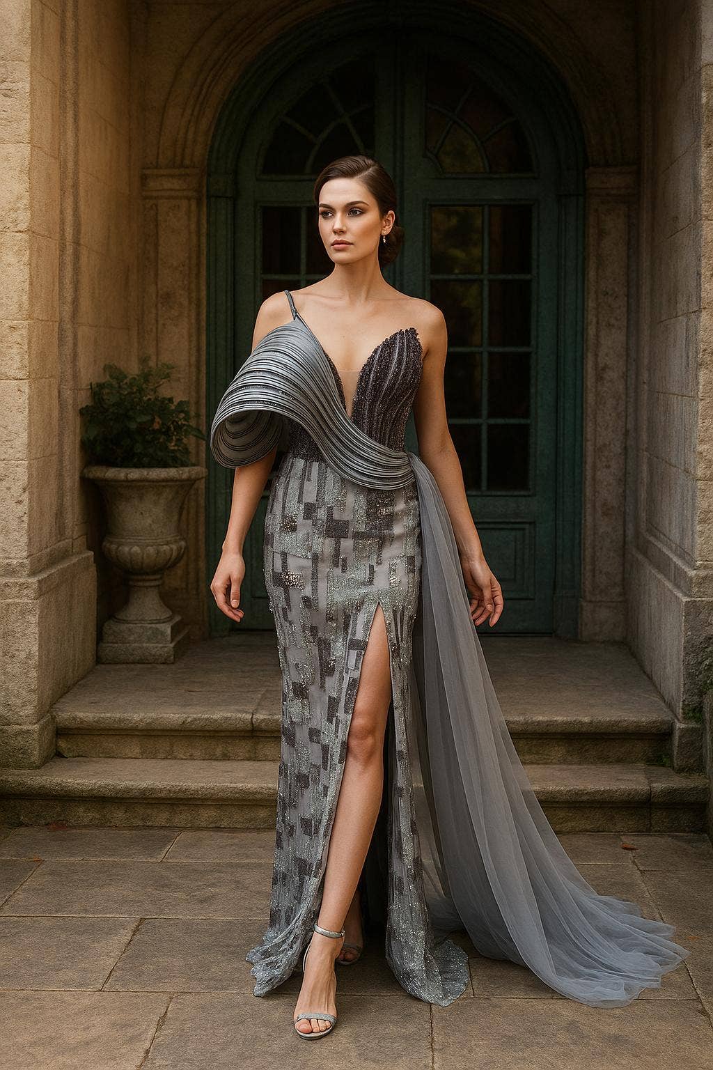 DUSTY BLUE Asymmetrical neckline, off the shoulder, long cape like slee for wholesale on Faire1