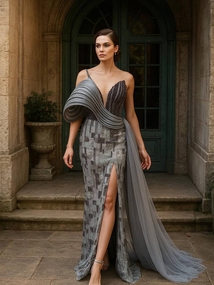 DUSTY BLUE Asymmetrical neckline, off the shoulder, long cape like slee for wholesale on Faire1