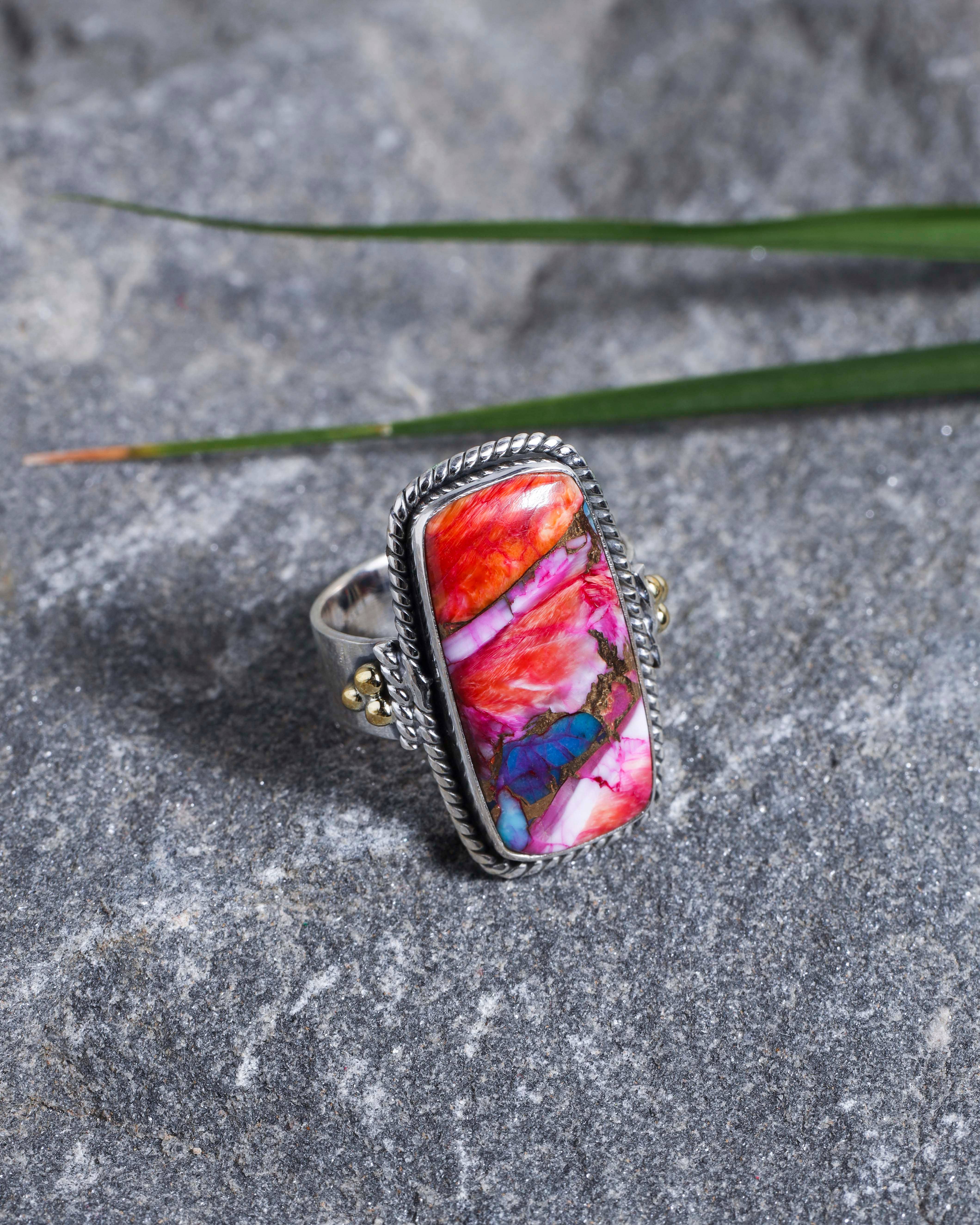 Tiramisu - Wholesale Cocktail/Statement Ring - 925 Sterling Silver Pink Oyster Turquoise Statement Ring1