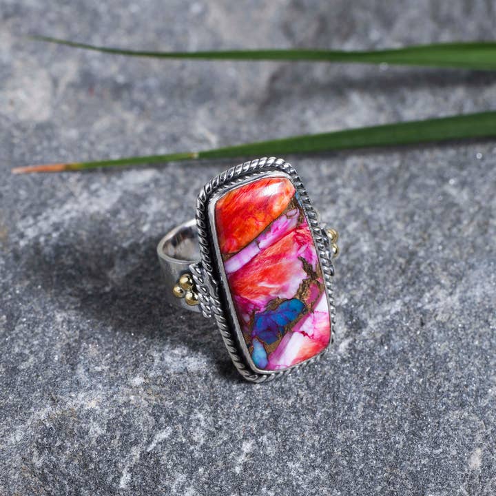 Tiramisu - Wholesale Cocktail/Statement Ring - 925 Sterling Silver Pink Oyster Turquoise Statement Ring1