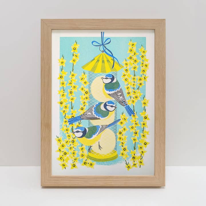 Blue Tits & Forsythia | A4 Risograph Print, wall art | Nature for wholesale by Printer Johnson Ltd