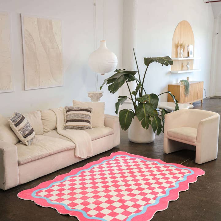 Pink and Blue Lace Checkered Rug for wholesale on Faire3