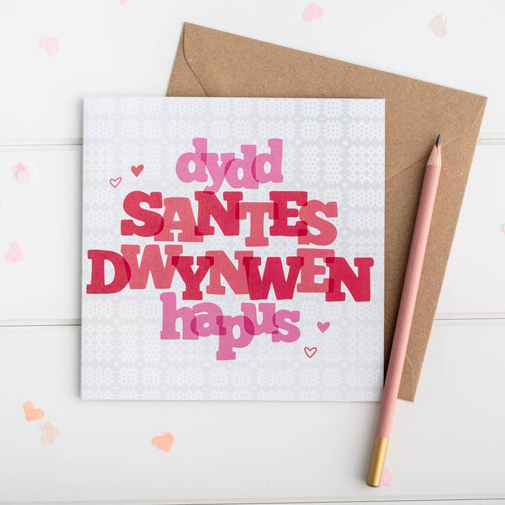 Welsh kärlekskort 'Dydd Santes Dwynwen hapus' Welsh St Dwynwens dag för wholesale av Draenog