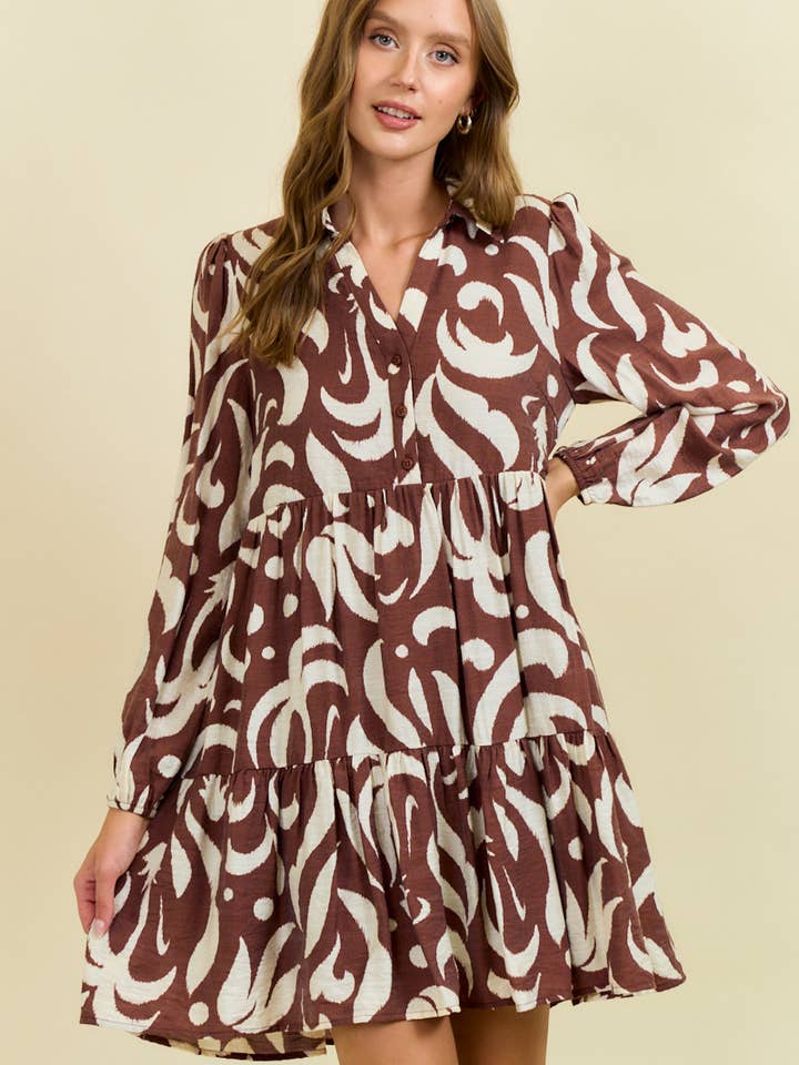 LEAF PRINTED POPLIN HALF BUTTON DOWN MINI DRESS - 27860D-1 for wholesale by Doe and Rae