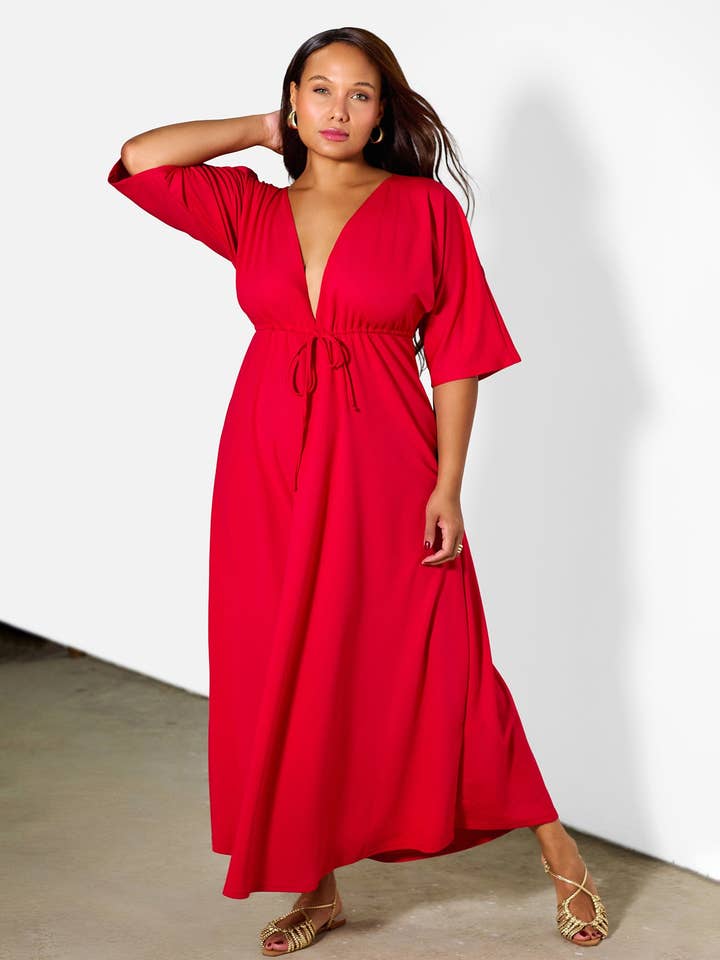 Red Silvia Kimino Sleeve Maxi Dress for wholesale on Faire2