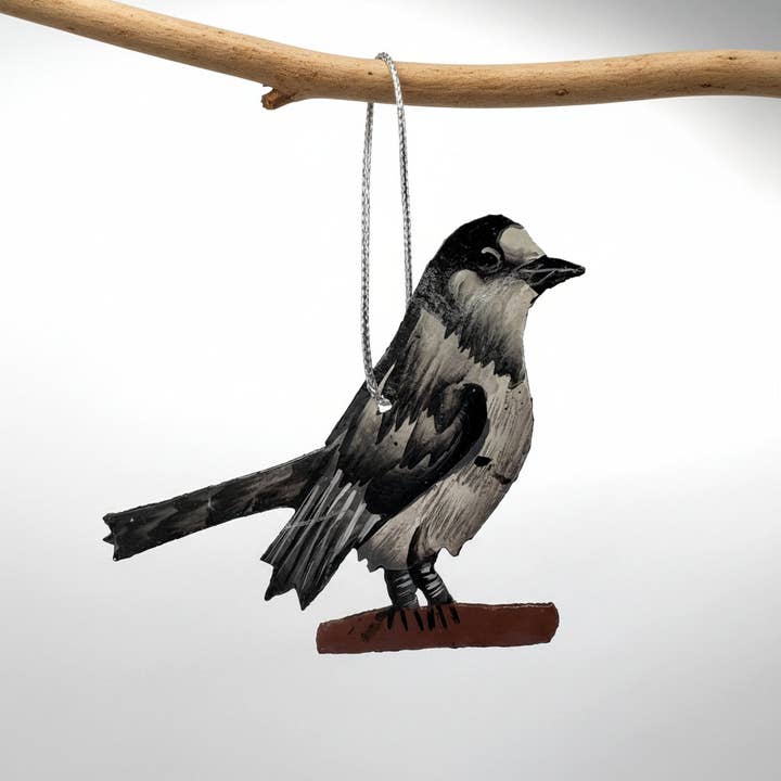 Upcycled Metal Ornament - Canada Jay for wholesale by Dandarah (Ships from USA)