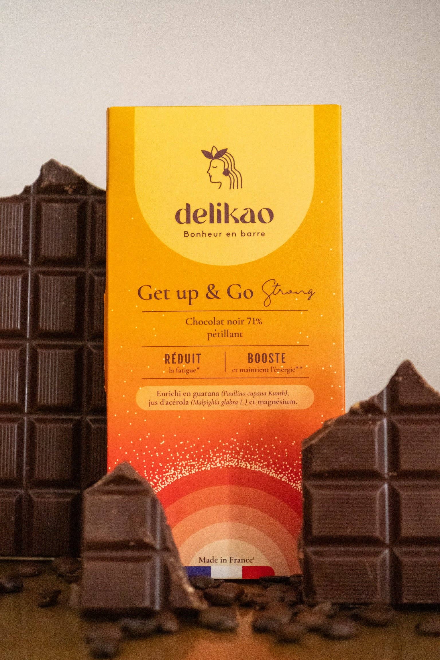 Delikao - Wholesale Chocolate Bar - Get up & Go Strong - Dark Energy Chocolate 71% Sparkling1
