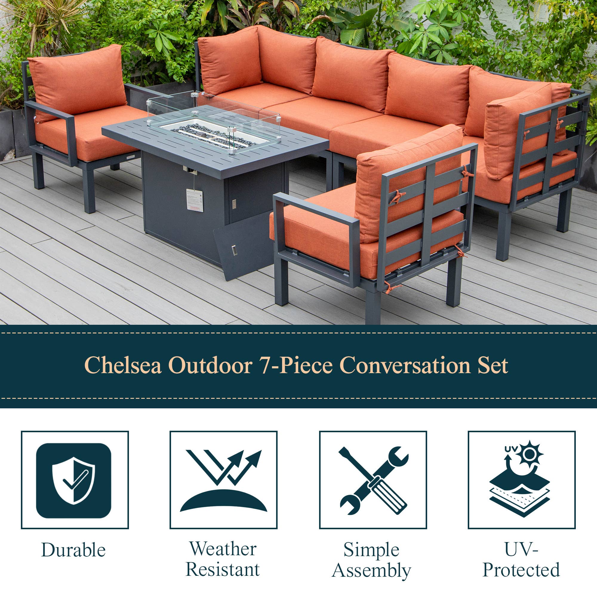 LeisureMod - Wholesale Patio Set - Chelsea 7-Piece Patio Sectional Set with Fire Pit Table43