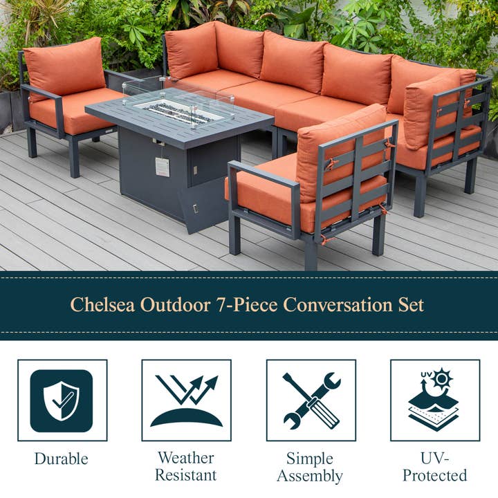 LeisureMod - Wholesale Patio Set - Chelsea 7-Piece Patio Sectional Set with Fire Pit Table43