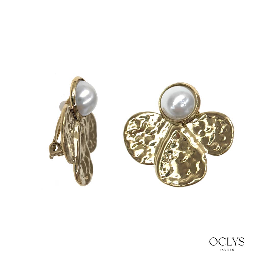 Oclys - Wholesale Clip-On Earrings - Gold stainless steel flower pearl clip-on earrings Ge1