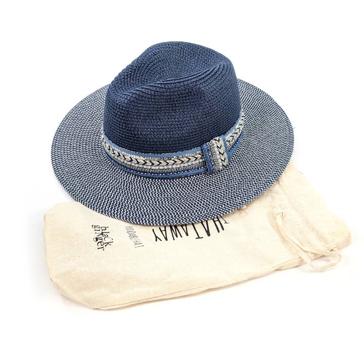 Black Ginger - Wholesale Straw Hat - Women's - Jewelled Band Panama Foldable Hat (57cm) - Navy Blue