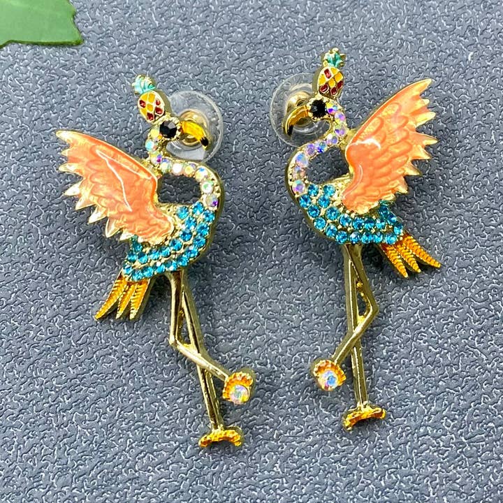 Rhinestone Flamingo Post Earrings for wholesale by Mio Queena