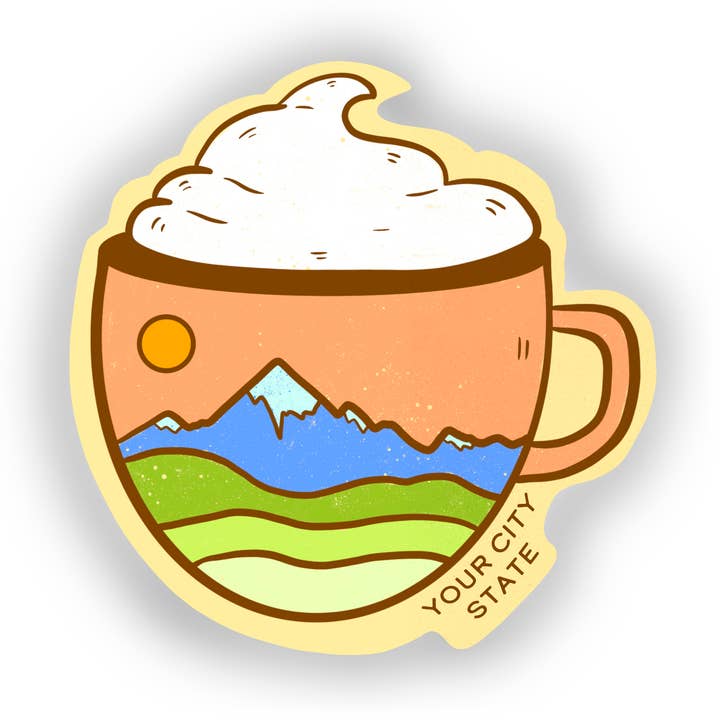 Mountain Coffee Custom Name Drop Sticker for wholesale by Heirloom Design Co.