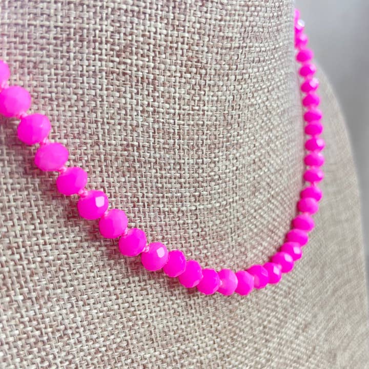 Ewelina Pas Jewelry - Wholesale Beaded/Pearl Necklace - Barb// Hot Pink Neon Crystal Beaded Handknotted Necklace