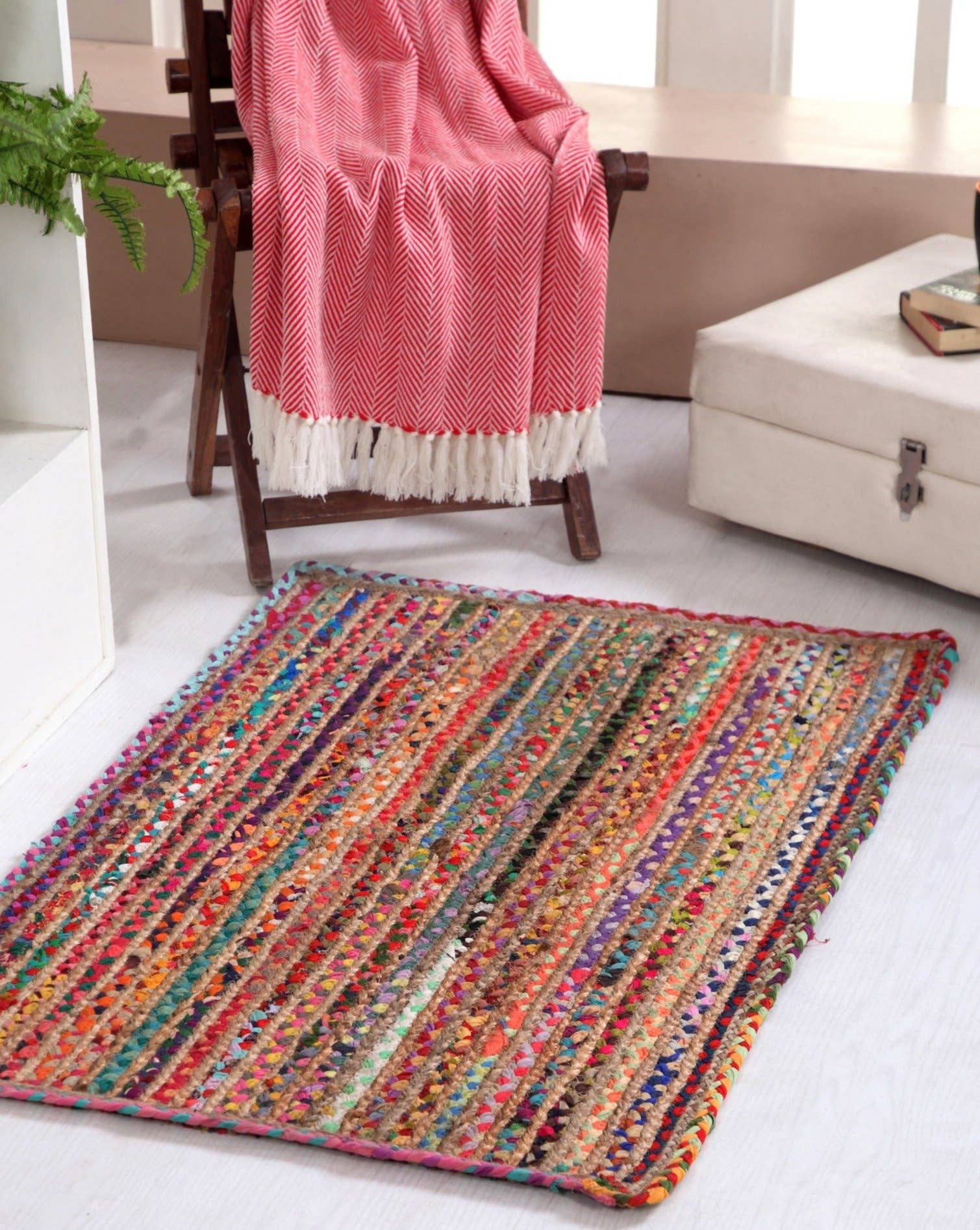 Second Nature Online – wholesale Area rug – MISHRAN Natural Jute Rug Hand Woven with Multi Colour Braids0